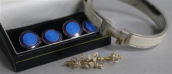 A pair of silver and enamel cufflinks, a Hermes steel and enamel bracelet and a 9ct seed pearl bar brooch